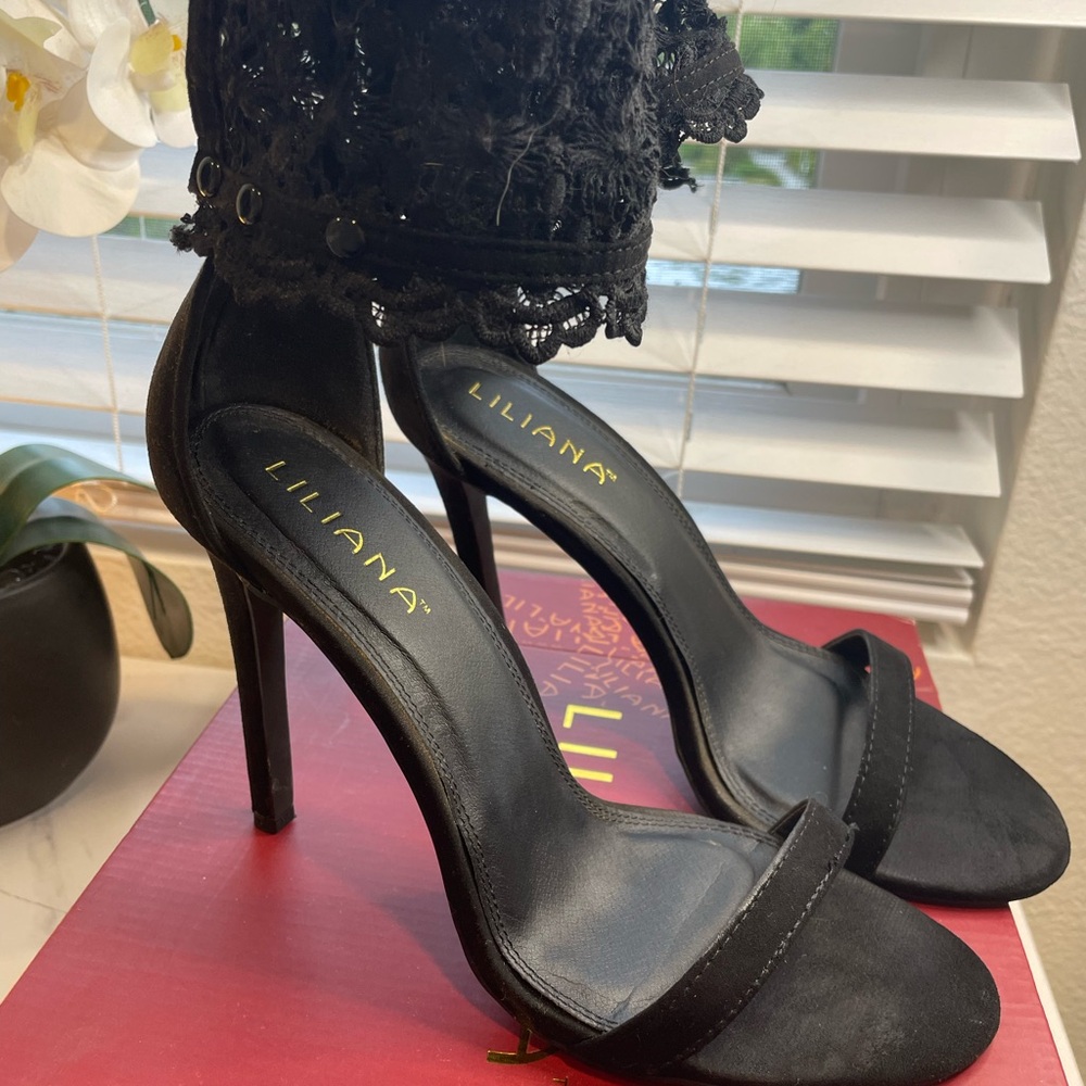 Black Stiletto Heels with Lace Ankle Straps